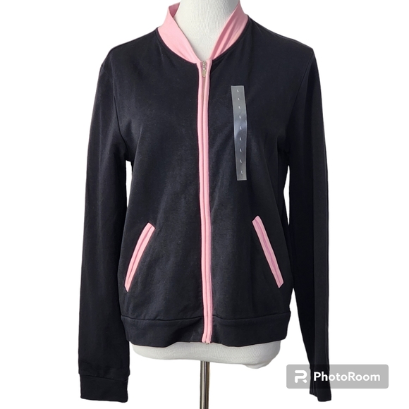 JACKET Sweat DKNY JEANS NWT Full Zip Front Side Pockets Black Pink Trim Sz Lrg - Picture 12 of 12